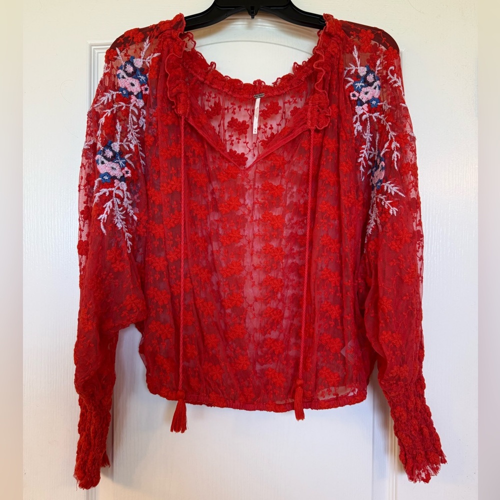 Free People Red Lace Floral Blouse